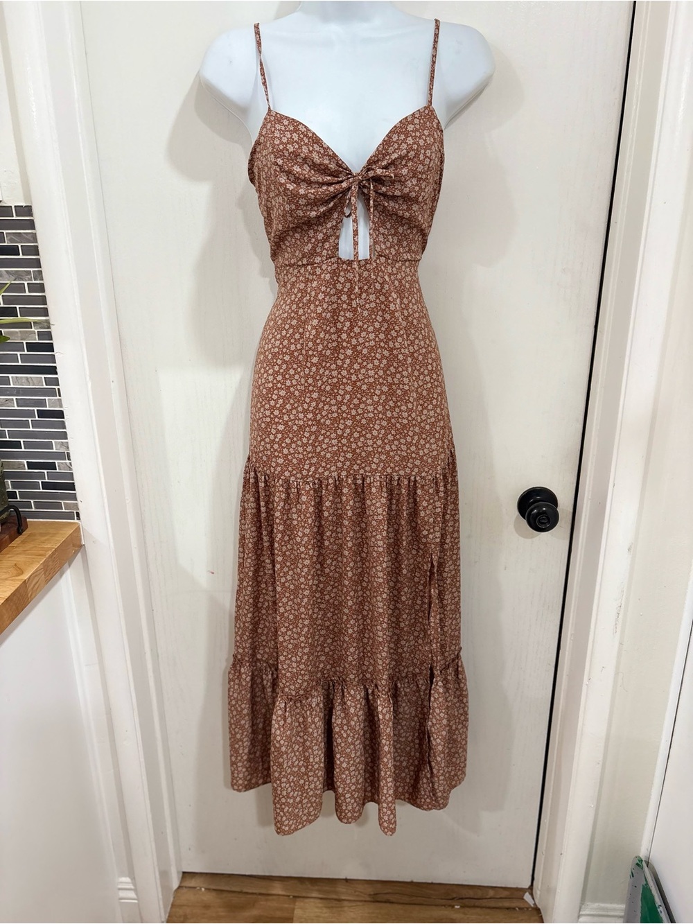 Blush Brown Floral Maxi Dress with Tie Front